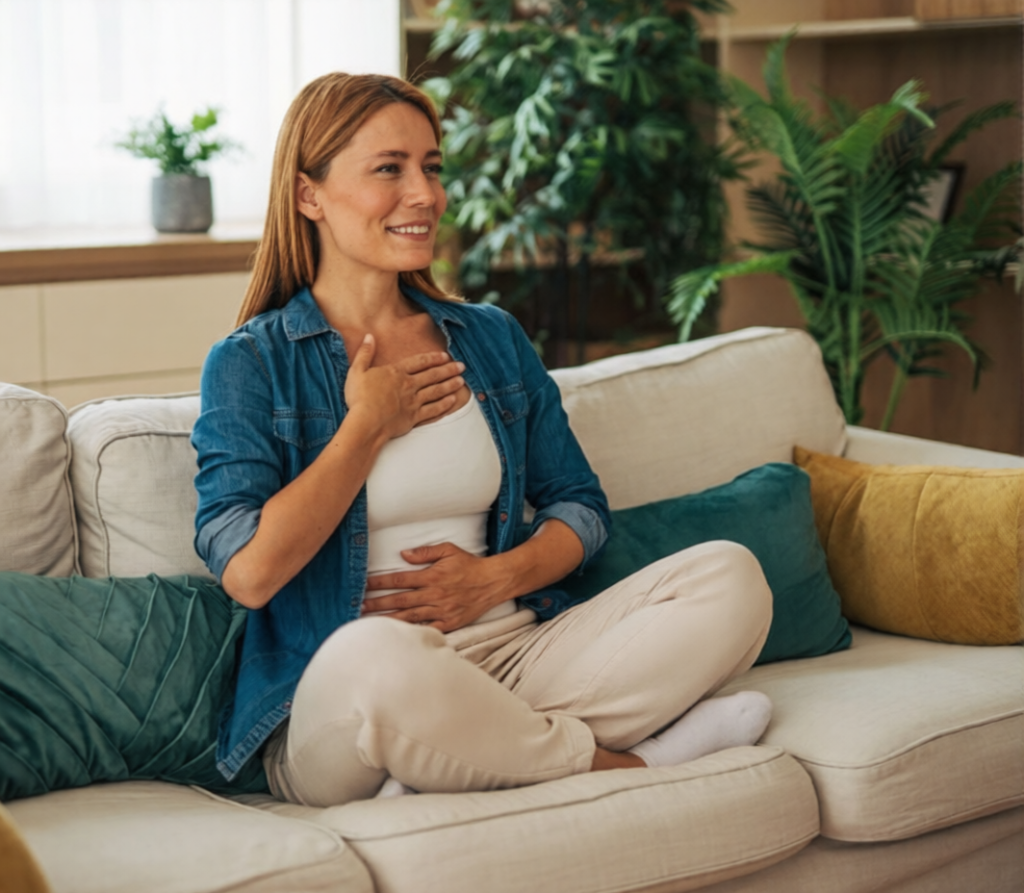 Person practising calm breathing at home